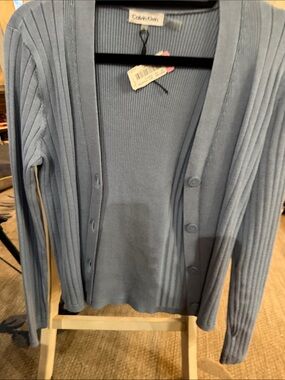 NWT Calvin Klein women's Blue Ribbed Button Cardigan Sweater size small
